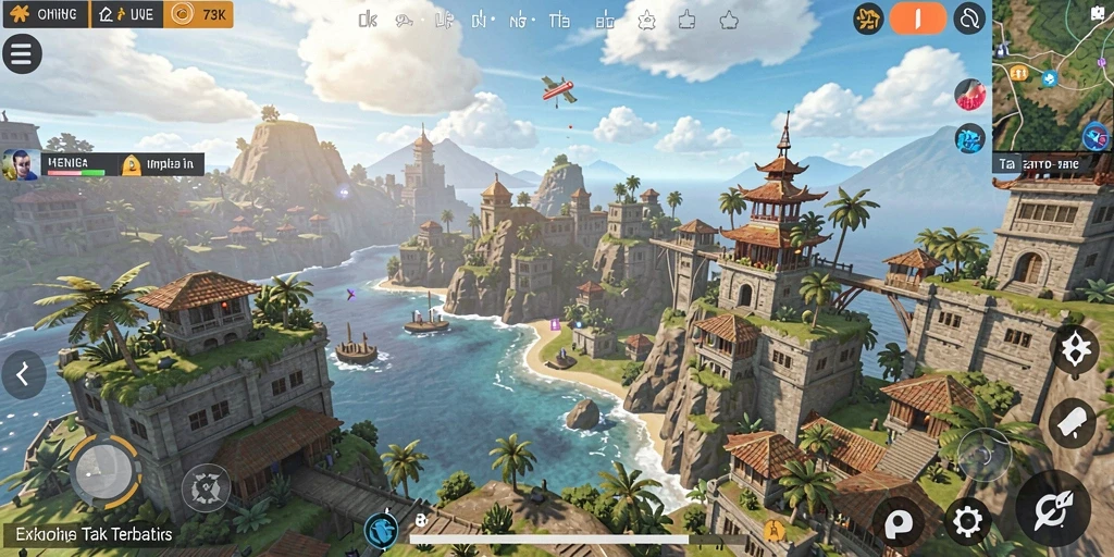 Tangkapan layar gameplay 73K menampilkan petualangan dalam dunia terbuka.