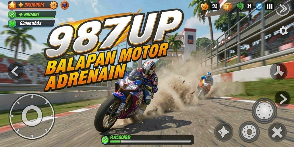 Screenshot dari gameplay 987UP menampilkan balapan motor yang mendebarkan.