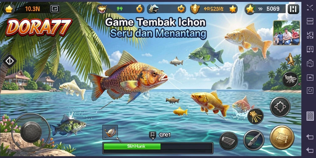 Screenshot gameplay DORA77 menampilkan aksi seru menembak ikan di lautan.