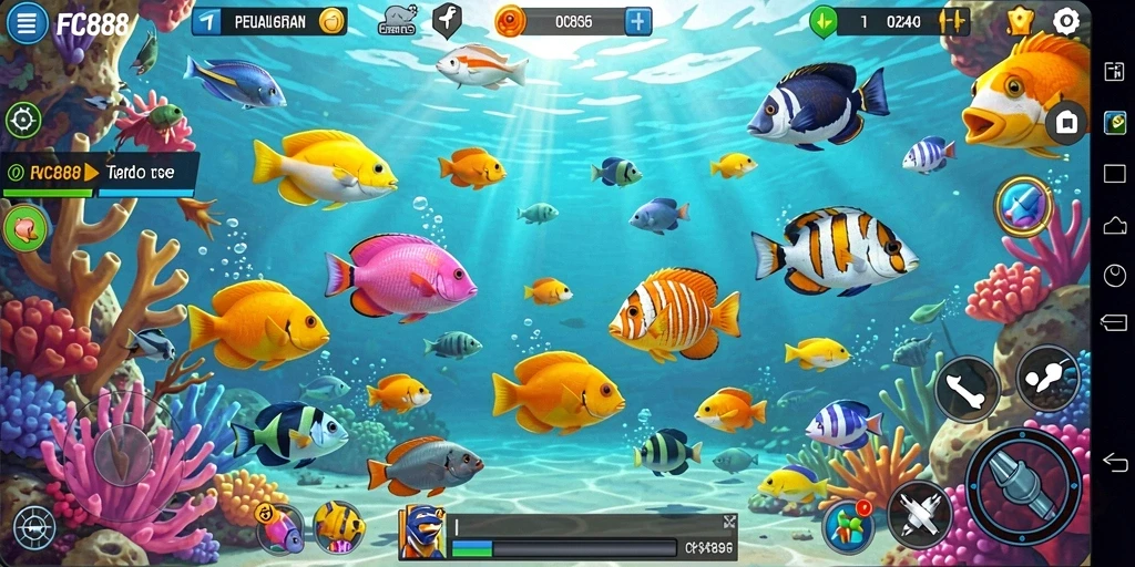 Screenshot gameplay FC888 menunjukkan aksi menangkap ikan yang mendebarkan.