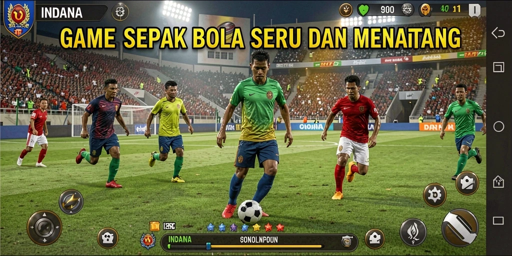 Tampilan gameplay INDAAA dengan aksi sepak bola yang intens.