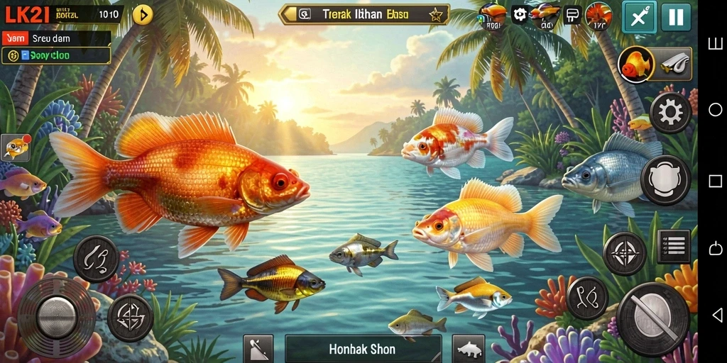 Tampilan gameplay LK21 yang seru dengan berbagai ikan menunggu untuk ditembak.