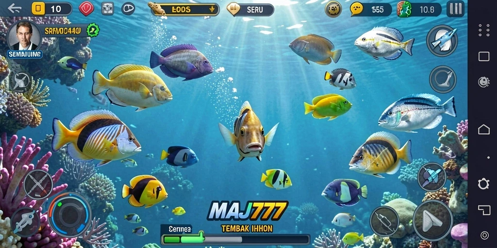Screenshot MAJ777 menampilkan aksi seru dalam menembak ikan.