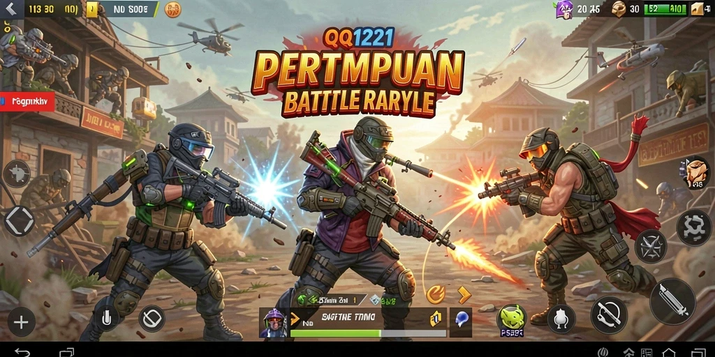 Screenshot gameplay QQ1221 menampilkan pertarungan seru dan strategi tim dalam Battle Royale.