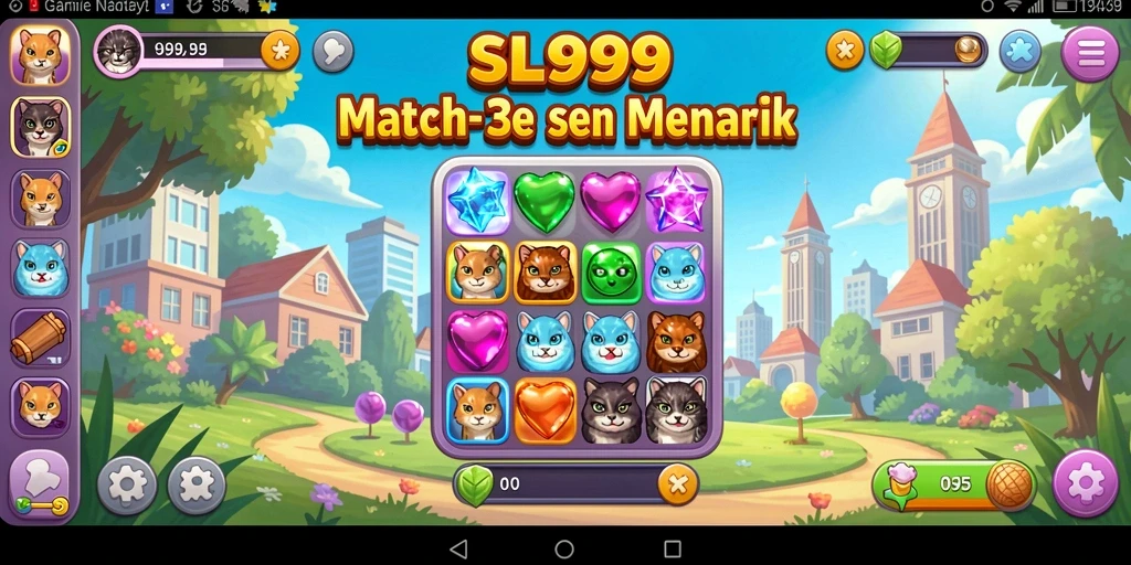 Screenshot gameplay Match-3 SL999 yang penuh warna.