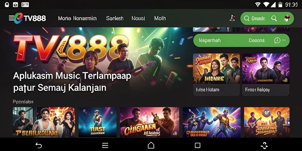 Screenshot utama TV888 menampilkan antarmuka musik yang menarik.