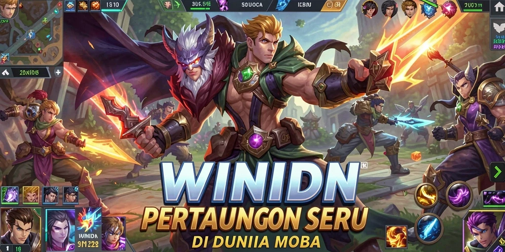 Tangkapan layar gameplay seru WINIDN dengan pertarungan tim di arena.